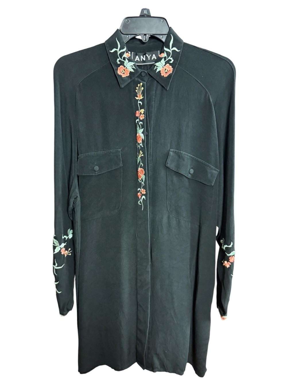 Anya 100% Silk Embroidered Floral Longline Blouse - Size XL Artful Craftsmanship